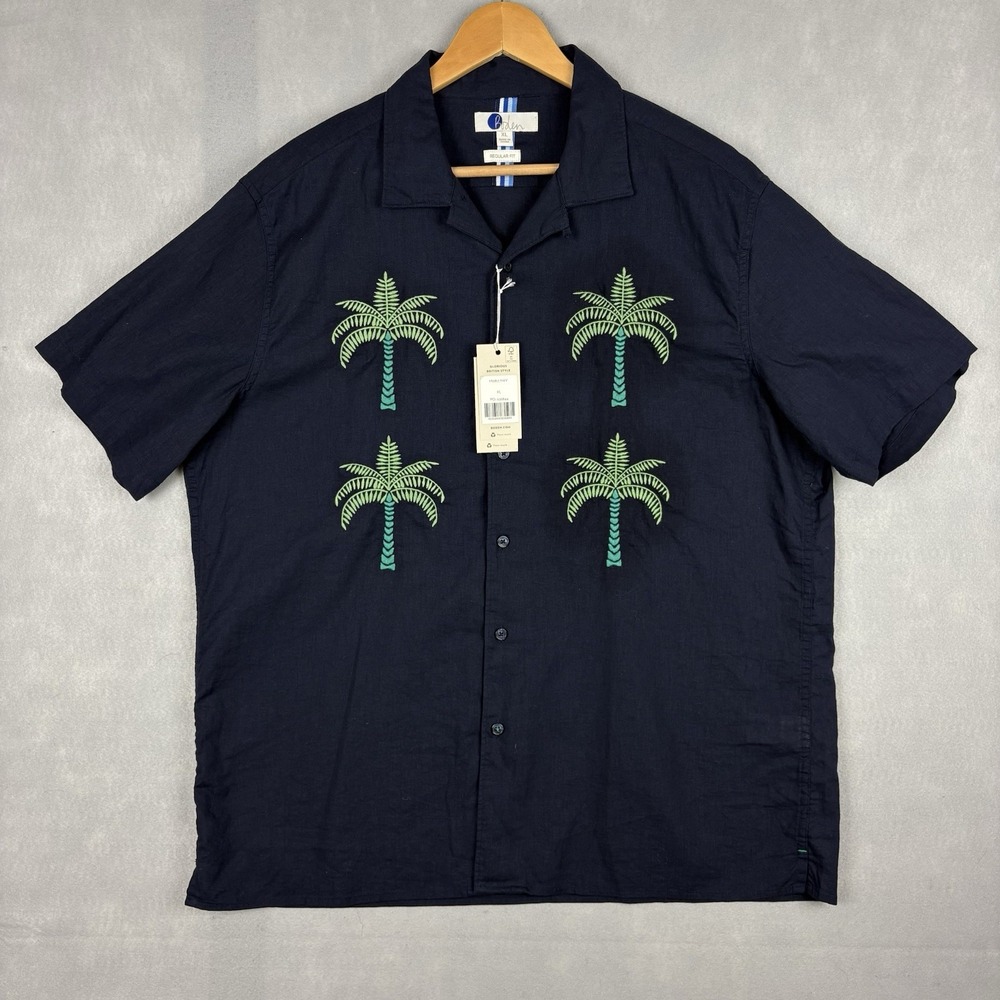 Boden Linen Camp Shirt Men’s XL Blue Embroidered Beach Resort Hawaiian Casual